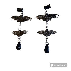 2G Black Tunnels Gauges Dangle Bats w/Black Crystal Earrings